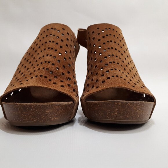 MIRABELLA Perforated Leather Platform Mules with Block Heel in Tan Suede Leather - Picture 6 of 11